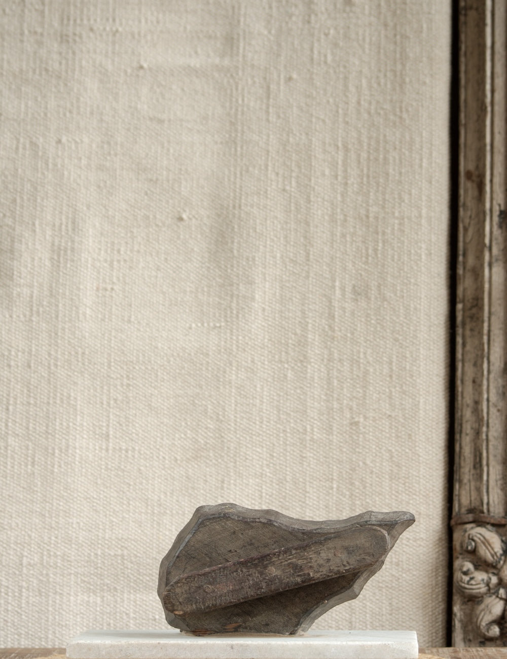 Curio Print Block on Marble Base Decor vintage wooden textile print block with carved curio motif displayed on a polished marble base, artisan craft collectible for shelves and curated home decor