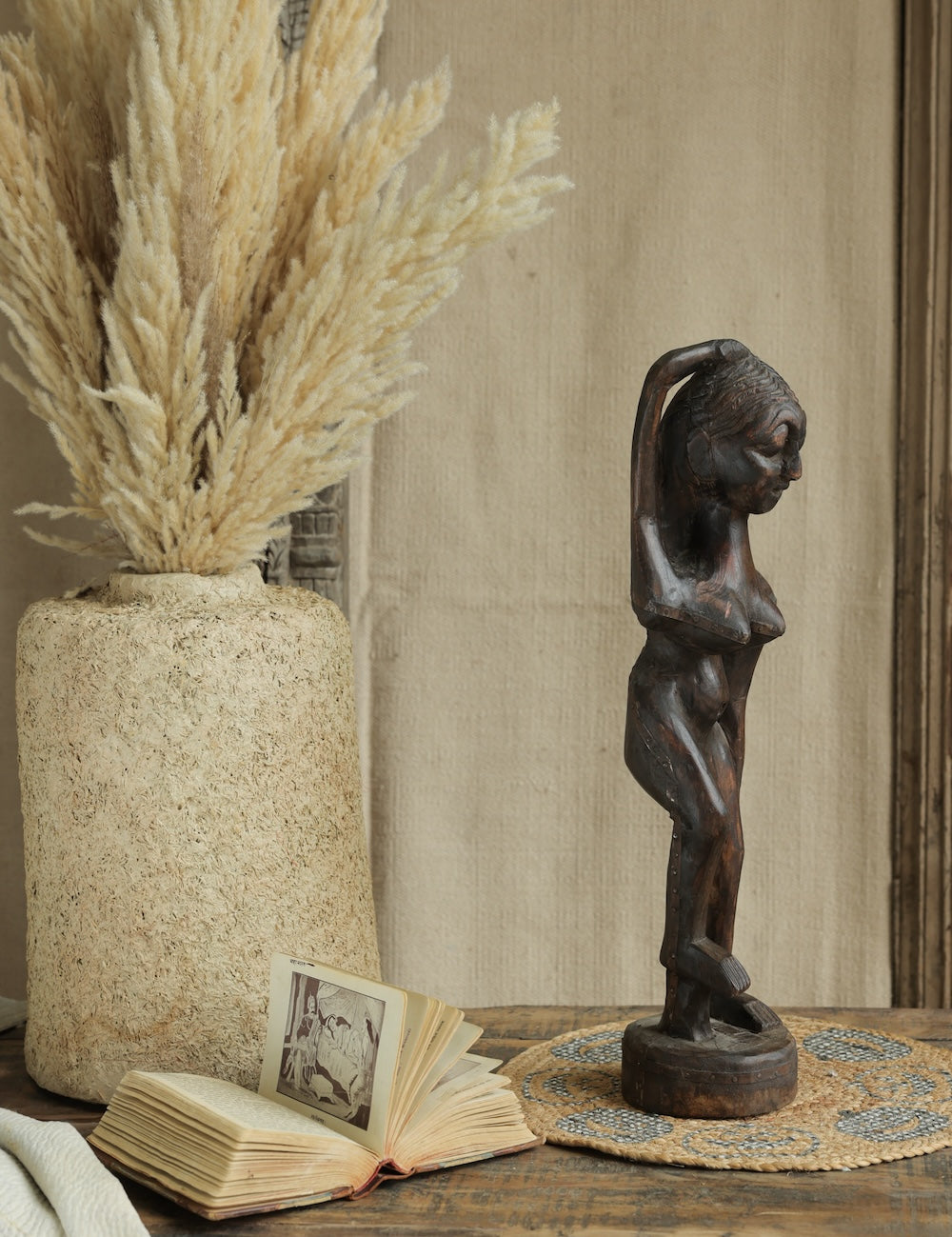 Ekaurr Dark Brown Tribal Doll Decor handcrafted reclaimed wood tribal figurine with dark brown aged finish and folk-art detailing, artisan ethnic home decor accent for shelves