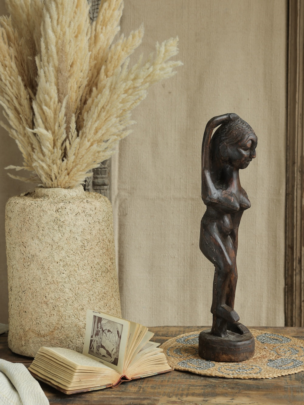 Ekaurr Dark Brown Tribal Doll Decor handcrafted reclaimed wood tribal figurine with dark brown aged finish and folk-art detailing, artisan ethnic home decor accent for shelves