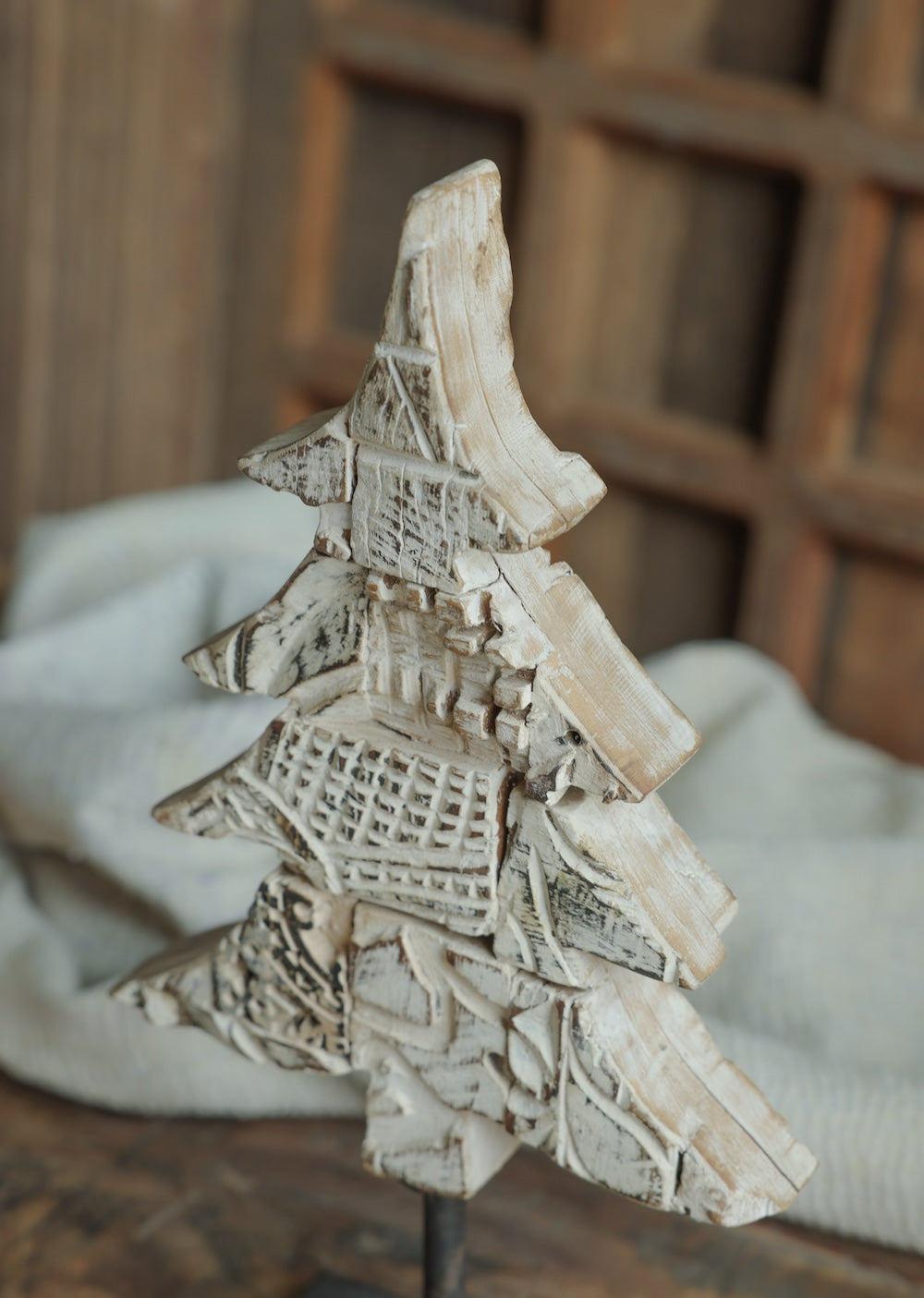 Ekaurr Distressed White Christmas Tree on Iron Base handcrafted paper mache tree in a whitewashed distressed finish mounted on an iron base, rustic festive home decor accent for shelves and mantels