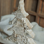 Ekaurr Distressed White Christmas Tree on Iron Base handcrafted paper mache tree in a whitewashed distressed finish mounted on an iron base, rustic festive home decor accent for shelves and mantels