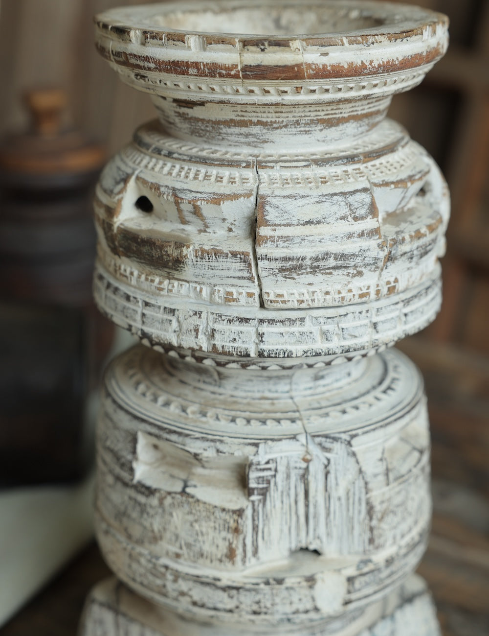 Ekaurr Distressed Whitewashed Bijani Decor vintage Indian bijani oil dispenser with aged whitewash patina, repurposed heritage found object for shelves mantels and rustic home decor