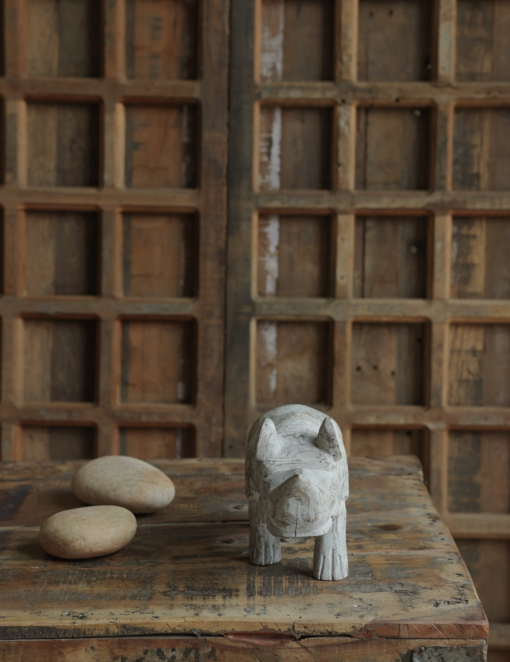 Ekaurr Distressed Whitewashed Rhino handcrafted paper mache rhino figurine with a distressed whitewash finish, rustic artisan wildlife home decor accent for shelves and eclectic interiors