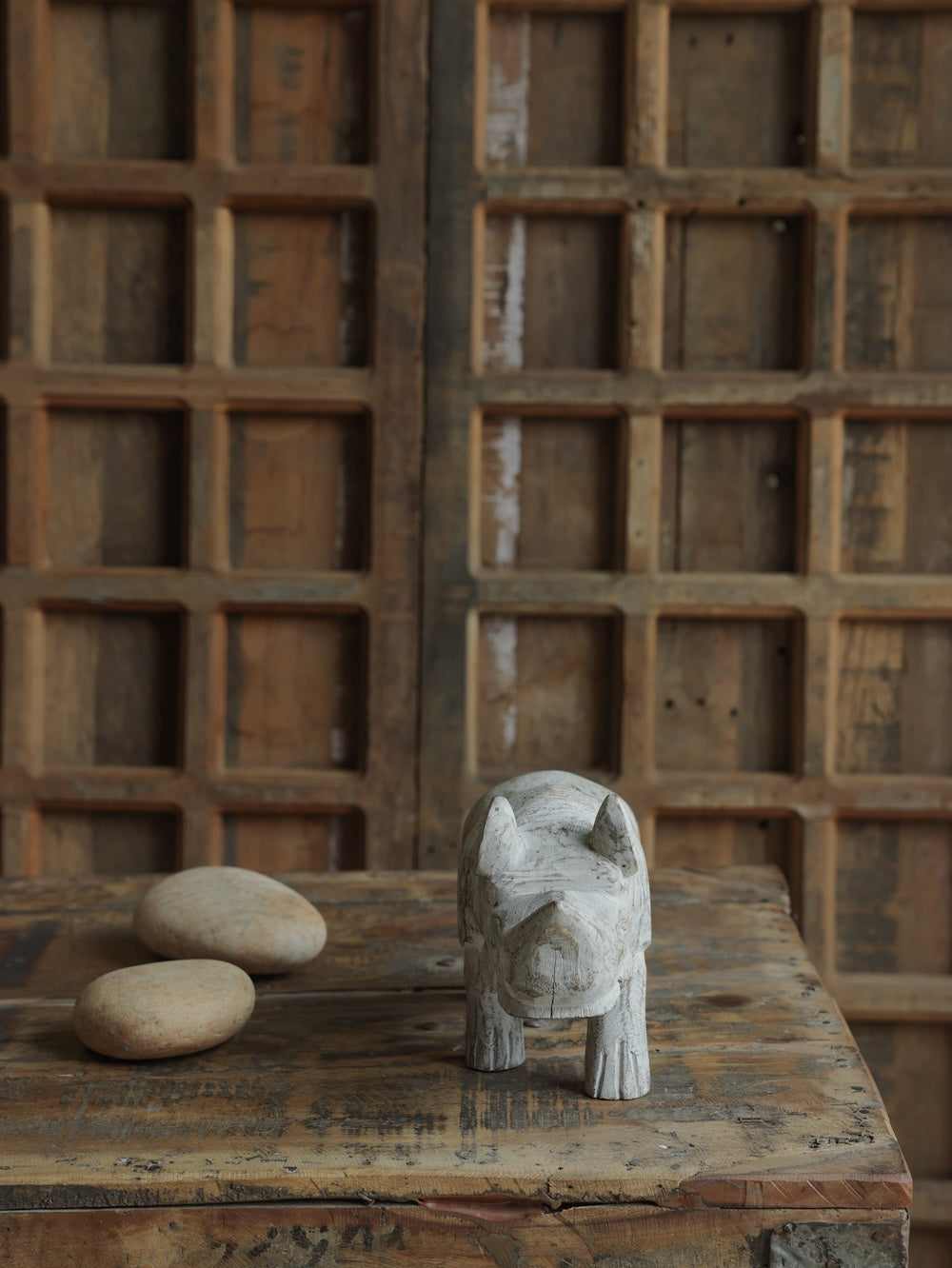 Ekaurr Distressed Whitewashed Rhino handcrafted paper mache rhino figurine with a distressed whitewash finish, rustic artisan wildlife home decor accent for shelves and eclectic interiors