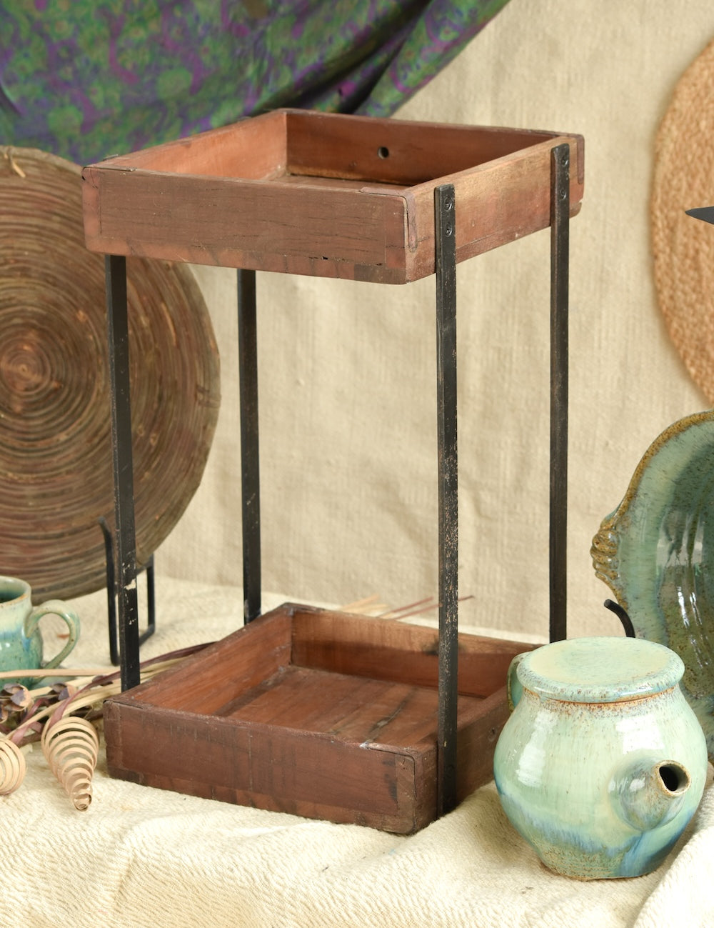 Ekaurr 2-Tier Organiser Tray handcrafted two-level reclaimed wood desktop organiser tray, rustic artisan storage piece for desks vanities and home office styling