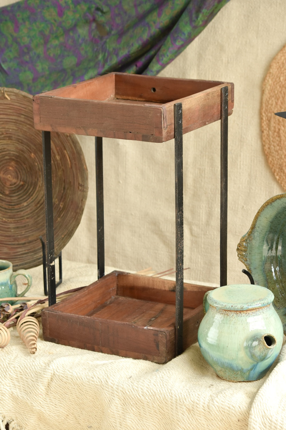 Ekaurr 2-Tier Organiser Tray handcrafted two-level reclaimed wood desktop organiser tray, rustic artisan storage piece for desks vanities and home office styling