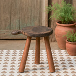 Ekaurr 3 Legged Wooden Chaklota Stool with repurposed traditional Indian chapati board seat, handcrafted rustic cultural heritage accent stool