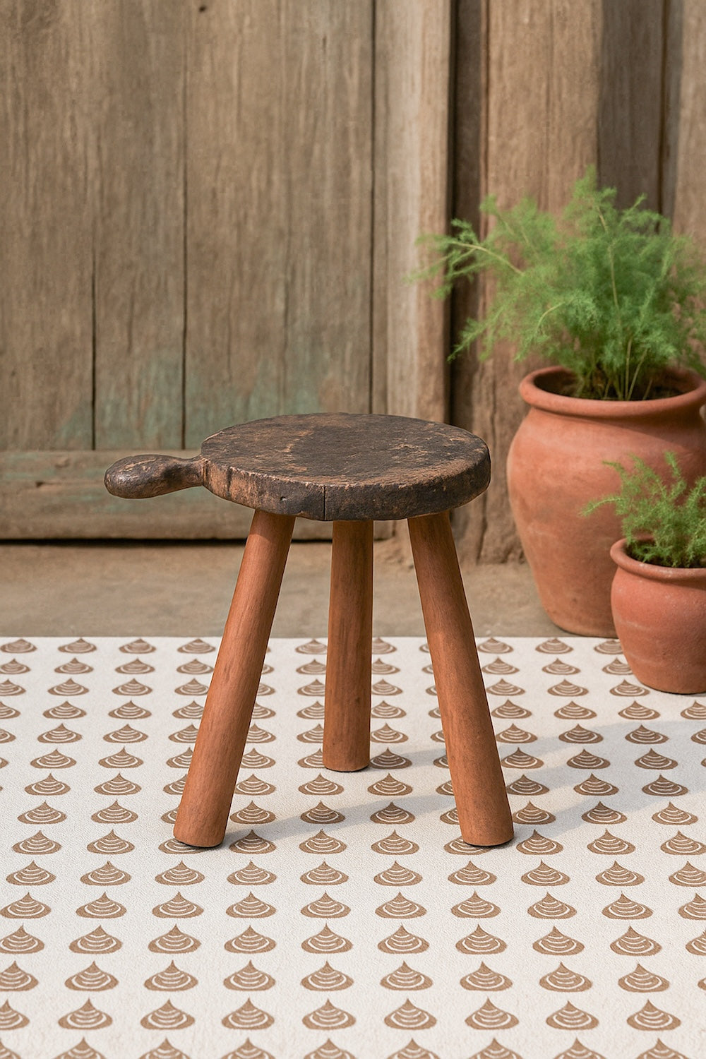 Ekaurr 3 Legged Wooden Chaklota Stool with repurposed traditional Indian chapati board seat, handcrafted rustic cultural heritage accent stool