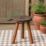 Ekaurr 3 Legged Wooden Chaklota Stool with repurposed traditional Indian chapati board seat, handcrafted rustic cultural heritage accent stool