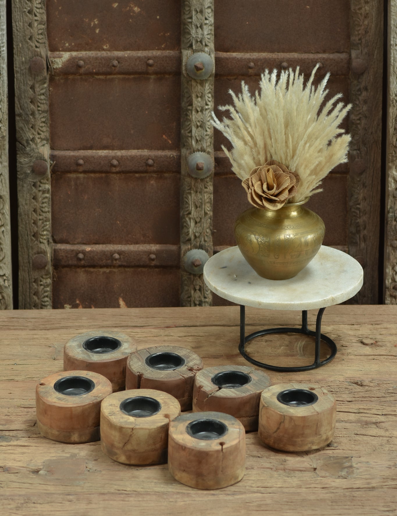 Ekaurr 3 Tealight and 4 Tealight Set handcrafted reclaimed wood tea light holder sets available in 3-holder and 4-holder configurations, rustic artisan candle holder for dining tables and home styling