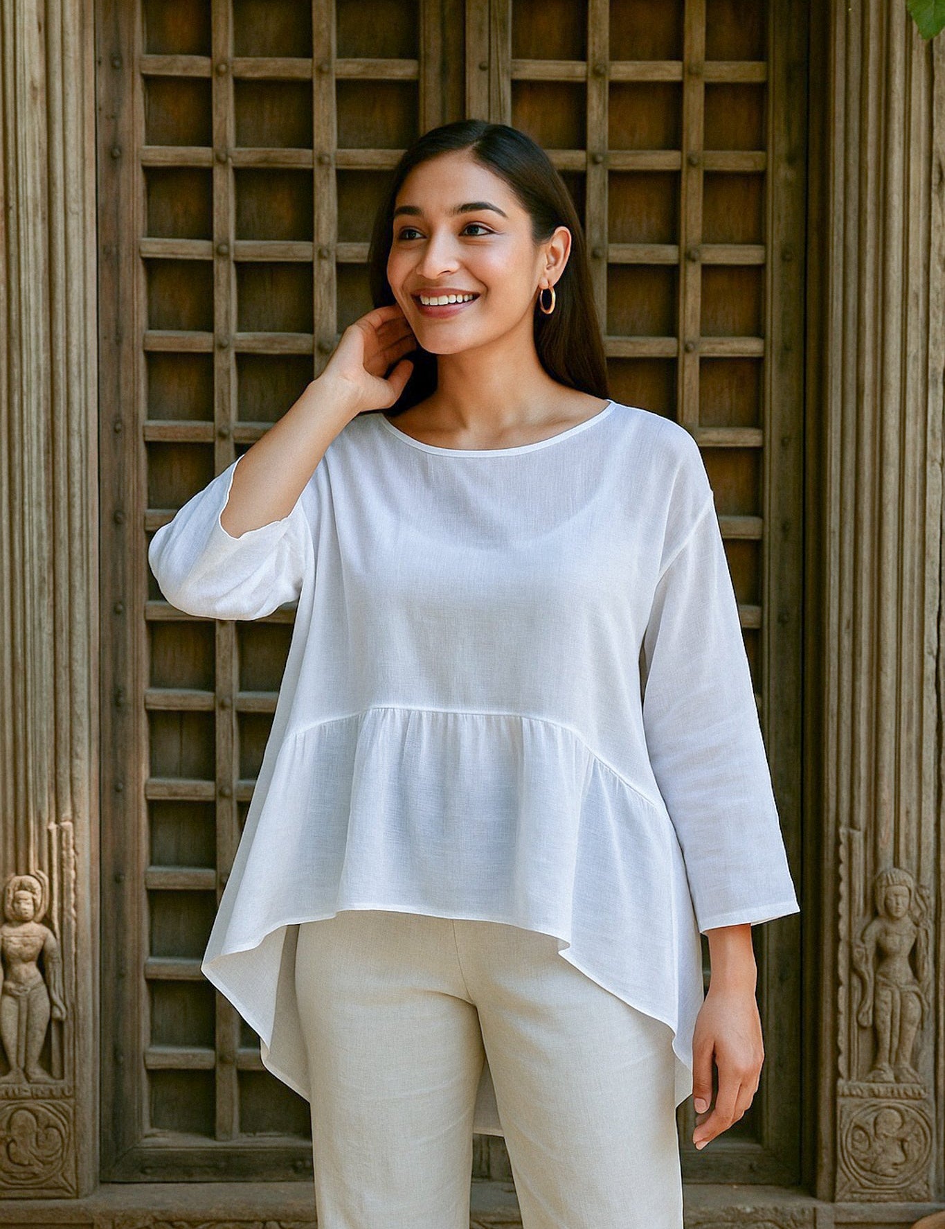 Ekaurr BIGDI Aangan Cotton Top finest cotton summer top with a courtyard-warmth-inspired relaxed open silhouette in soft earthy pastel tones, artisan slow fashion top for women from the BIGDI summer collection