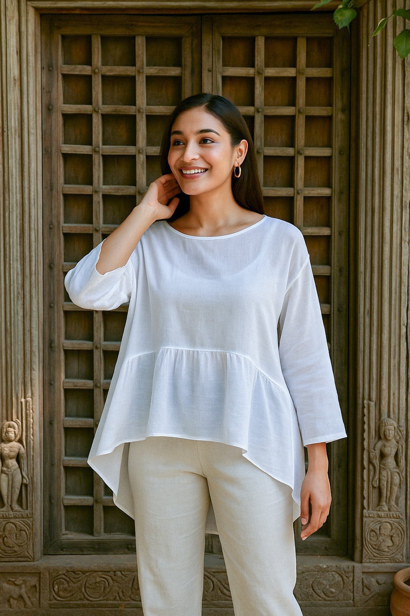 Ekaurr BIGDI Aangan Cotton Top finest cotton summer top with a courtyard-warmth-inspired relaxed open silhouette in soft earthy pastel tones, artisan slow fashion top for women from the BIGDI summer collection
