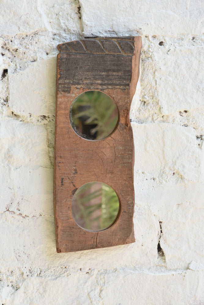 Ekaurr Abstract Wooden Mirror Double two smooth circular mirrors inset into an organic reclaimed wood plank with raw edges and natural grain character, artisan sculptural wall mirror pair for living rooms and eclectic home styling