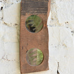 Ekaurr Abstract Wooden Mirror Double two smooth circular mirrors inset into an organic reclaimed wood plank with raw edges and natural grain character, artisan sculptural wall mirror pair for living rooms and eclectic home styling