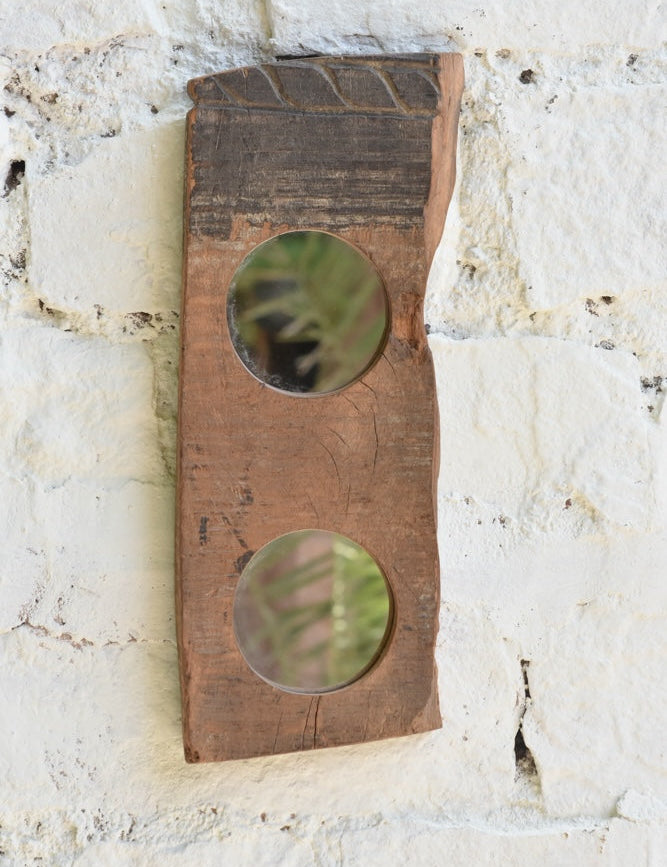 Ekaurr Abstract Wooden Mirror Double two smooth circular mirrors inset into an organic reclaimed wood plank with raw edges and natural grain character, artisan sculptural wall mirror pair for living rooms and eclectic home styling