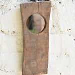 Ekaurr Abstract Wooden Mirror Single one smooth circular mirror inset into a raw-edged reclaimed wood plank with natural grain and aged texture, artisan sculptural wall mirror for entryways shelves and eclectic home styling