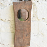 Ekaurr Abstract Wooden Mirror Single one smooth circular mirror inset into a raw-edged reclaimed wood plank with natural grain and aged texture, artisan sculptural wall mirror for entryways shelves and eclectic home styling