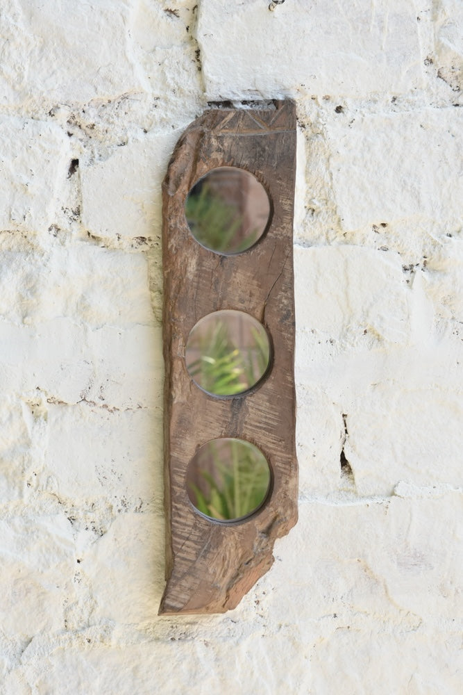 Ekaurr Abstract Wooden Mirror Triple three smooth circular mirrors inset into an organic reclaimed wood plank at 6x22 inches with raw edges cracks and natural grain, artisan sculptural wall mirror for living rooms and eclectic home styling