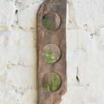 Ekaurr Abstract Wooden Mirror Triple three smooth circular mirrors inset into an organic reclaimed wood plank at 6x22 inches with raw edges cracks and natural grain, artisan sculptural wall mirror for living rooms and eclectic home styling
