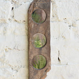 Ekaurr Abstract Wooden Mirror Triple three smooth circular mirrors inset into an organic reclaimed wood plank at 6x22 inches with raw edges cracks and natural grain, artisan sculptural wall mirror for living rooms and eclectic home styling