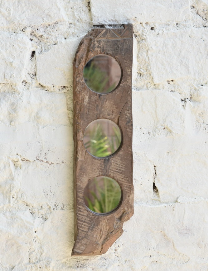Ekaurr Abstract Wooden Mirror Triple three smooth circular mirrors inset into an organic reclaimed wood plank at 6x22 inches with raw edges cracks and natural grain, artisan sculptural wall mirror for living rooms and eclectic home styling