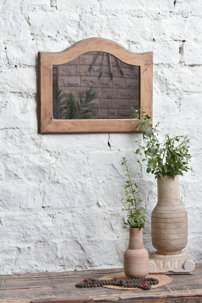 Ekaurr Aged Crown Mirror reclaimed or carved wood wall mirror with an ornate aged crown-form frame detailing in a distressed vintage finish, artisan statement mirror for entryways living rooms and heritage-inspired home styling
