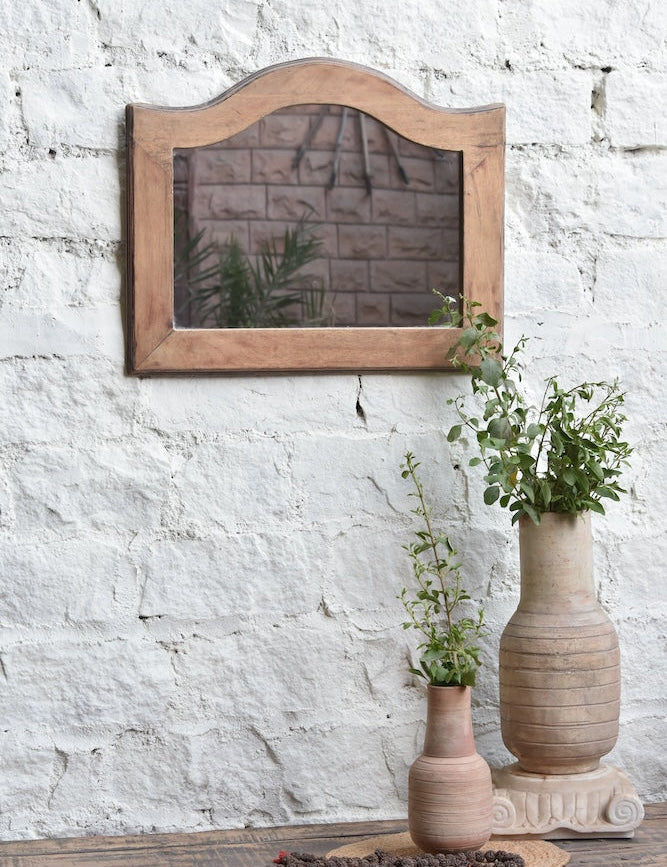 Ekaurr Aged Crown Mirror reclaimed or carved wood wall mirror with an ornate aged crown-form frame detailing in a distressed vintage finish, artisan statement mirror for entryways living rooms and heritage-inspired home styling