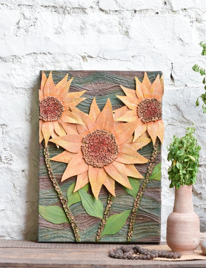 Ekaurr Amber Radiance wall art with a luminous amber and golden warm-tone composition radiating organic energy, handcrafted expressive home decor for living rooms and warm contemporary interior styling