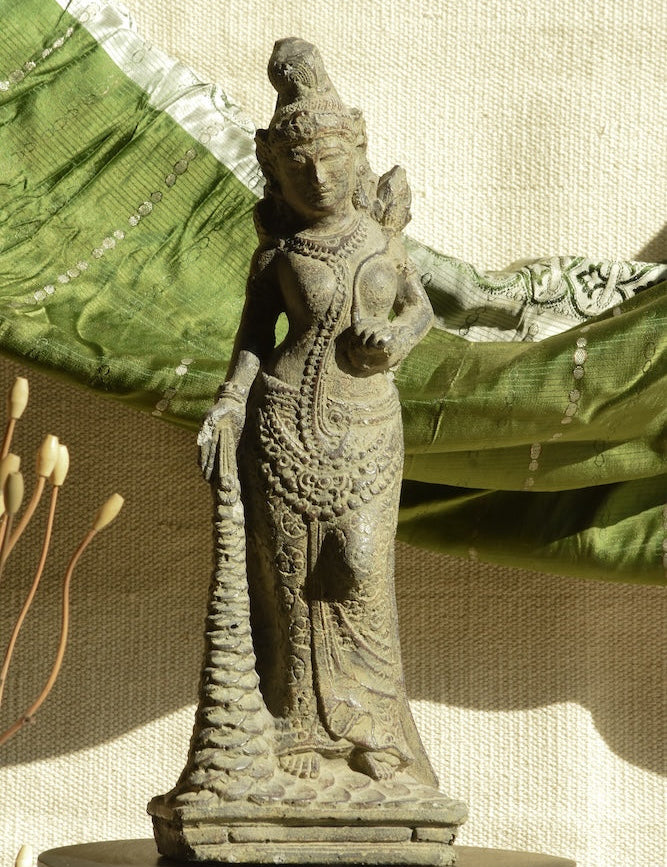 Ekaurr Antique Goddess Sculpture – intricately detailed classical divine figure with ornamental jewellery and weathered stone-finish, spiritual home decor accent