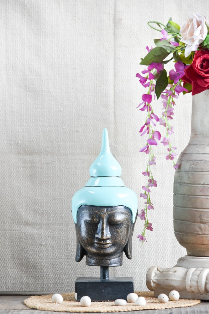 Ekaurr Aqua Serenity Buddha handcrafted ceramic figurine in calm aqua tone, serene spiritual sculpture for meditation corners and contemporary home decor