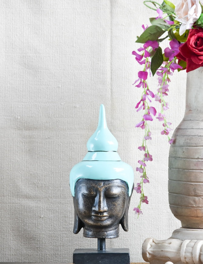 Ekaurr Aqua Serenity Buddha handcrafted ceramic figurine in calm aqua tone, serene spiritual sculpture for meditation corners and contemporary home decor