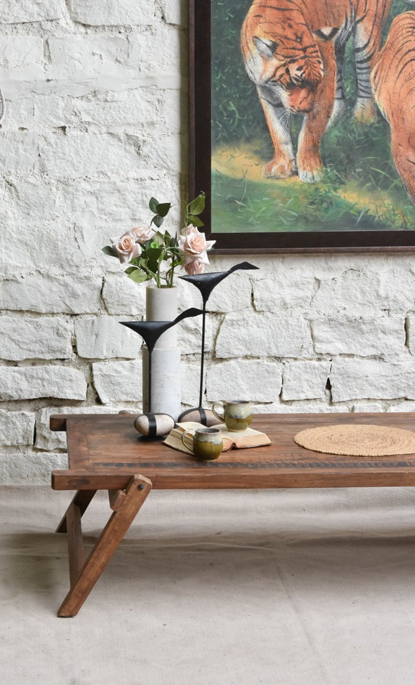 Ekaurr Army Cot Reclaimed Wood Coffee Table with natural grain and aged patina finish, styled in a warm earthy living space