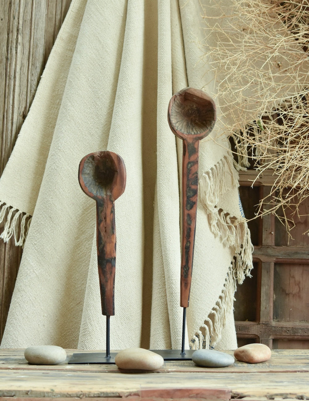 Ekaurr Assorted Vintage Hawan Spoon on Stand set of 2 antique ceremonial ladles mounted on iron display stands, sacred found object collectible decor for altars shelves and spiritual spaces