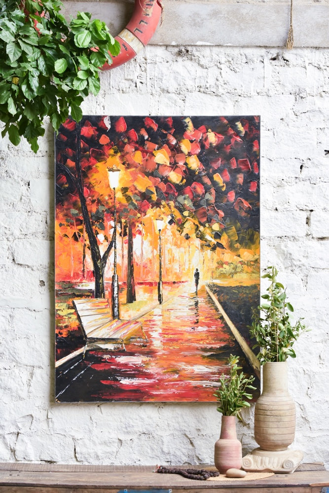 Ekaurr Autumn Walk painting depicting a figure or path through an autumn landscape in warm amber rust and golden ochre tones, handcrafted seasonal landscape home decor for living rooms and cosy interior styling