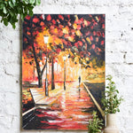 Ekaurr Autumn Walk painting depicting a figure or path through an autumn landscape in warm amber rust and golden ochre tones, handcrafted seasonal landscape home decor for living rooms and cosy interior styling