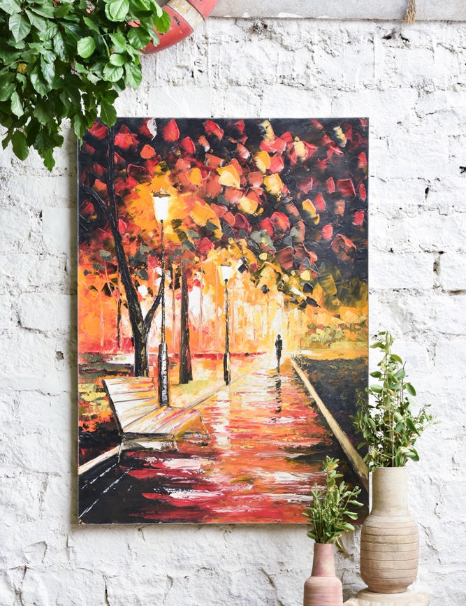 Ekaurr Autumn Walk painting depicting a figure or path through an autumn landscape in warm amber rust and golden ochre tones, handcrafted seasonal landscape home decor for living rooms and cosy interior styling