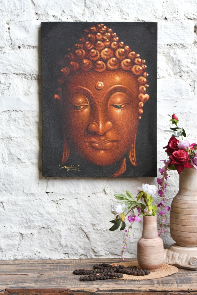 Ekaurr Awakened Serenity large Buddha wall art in earthy brown tones with textured handcrafted finish and serene facial detailing at 24x32 inches, spiritual home decor for meditation corners and tranquil nooks