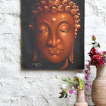 Ekaurr Awakened Serenity large Buddha wall art in earthy brown tones with textured handcrafted finish and serene facial detailing at 24x32 inches, spiritual home decor for meditation corners and tranquil nooks