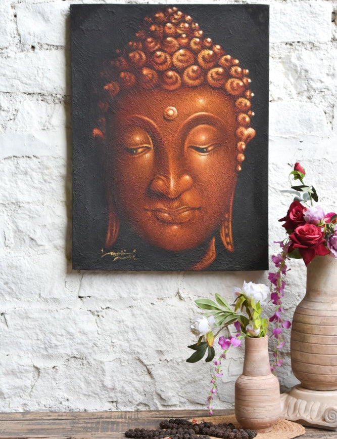 Ekaurr Awakened Serenity large Buddha wall art in earthy brown tones with textured handcrafted finish and serene facial detailing at 24x32 inches, spiritual home decor for meditation corners and tranquil nooks
