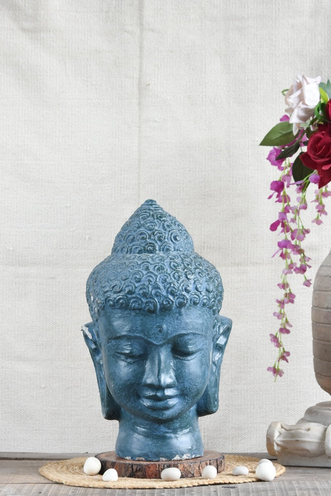 Ekaurr Azure Serenity Buddha handcrafted ceramic figurine in a deep blue azure glaze, calming spiritual home decor sculpture for shelves and meditation spaces