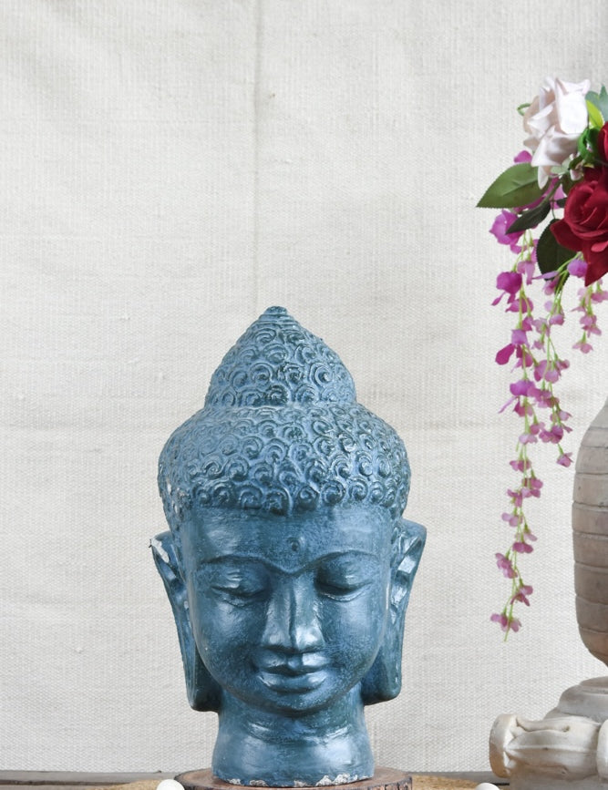 Ekaurr Azure Serenity Buddha handcrafted ceramic figurine in a deep blue azure glaze, calming spiritual home decor sculpture for shelves and meditation spaces