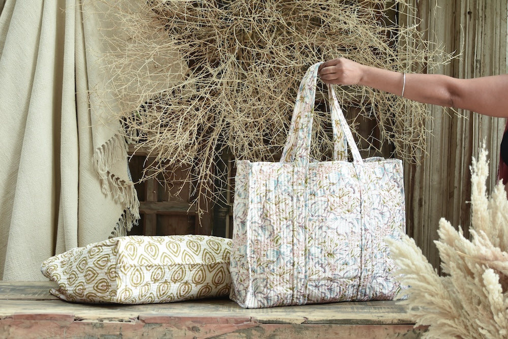 Ekaurr Bagh Beyond Tote Bag handcrafted block-printed or quilted cotton tote with a Bagh-inspired traditional Indian forest print in earthy natural tones, artisan textile bag for everyday use and heritage-inspired conscious styling