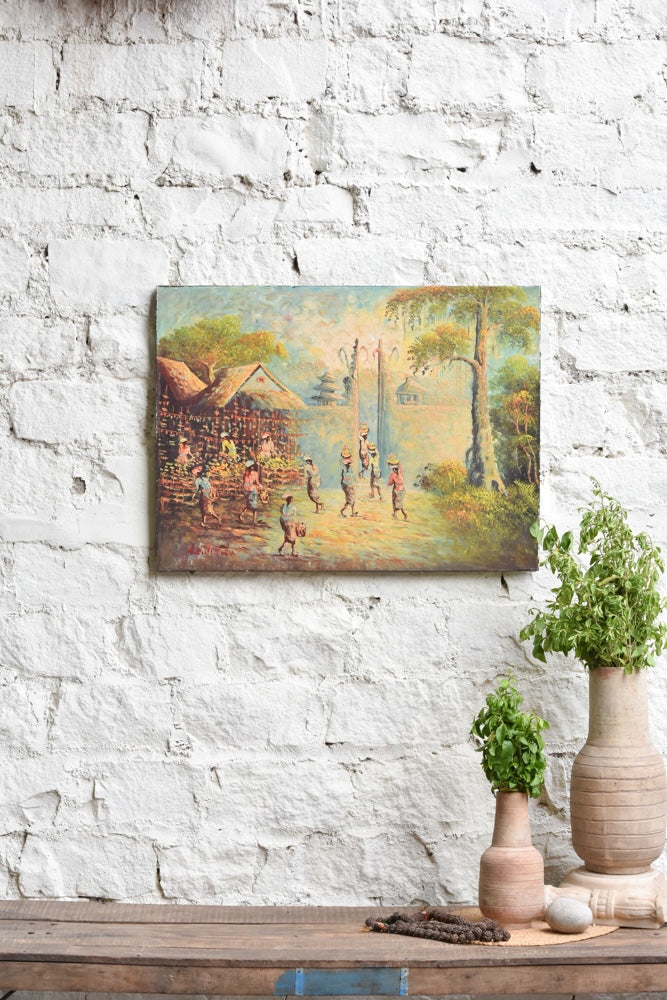Ekaurr Bali in Offering painting depicting a serene Balinese ritual offering scene with figures in devotional posture and warm tropical tones, handcrafted cultural canvas art for living rooms and spiritual home interiors