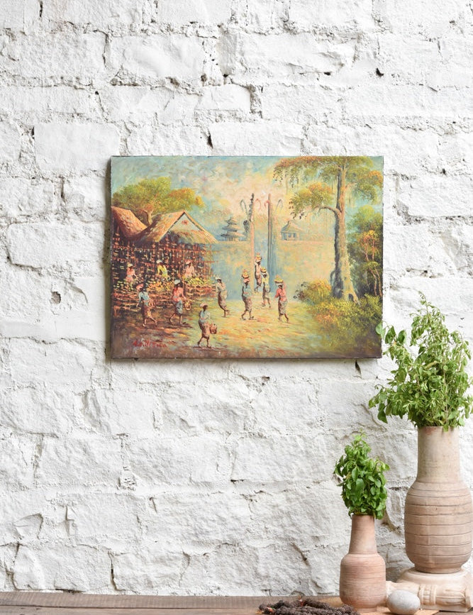 Ekaurr Bali in Offering painting depicting a serene Balinese ritual offering scene with figures in devotional posture and warm tropical tones, handcrafted cultural canvas art for living rooms and spiritual home interiors