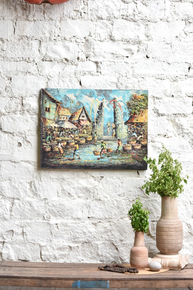 Ekaurr Bali Morning Market painting depicting a vibrant Balinese street market scene with figures offerings and tropical colour, handcrafted cultural canvas art for living rooms and globally inspired home interiors