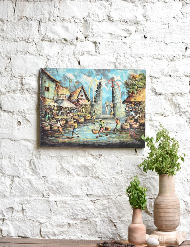 Ekaurr Bali Morning Market painting depicting a vibrant Balinese street market scene with figures offerings and tropical colour, handcrafted cultural canvas art for living rooms and globally inspired home interiors