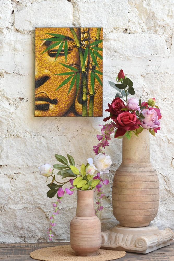 Ekaurr Bamboo Tranquility Wall Art original painting or print of vertical bamboo forms in cool green and sage tones, handcrafted nature-inspired artwork for living rooms dining spaces and zen-styled home interiors