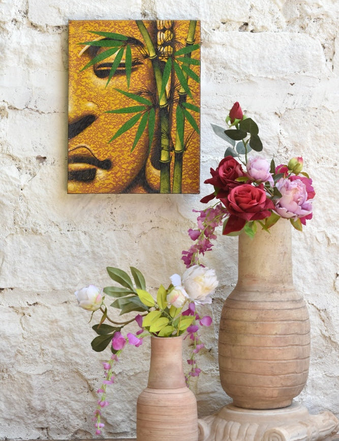 Ekaurr Bamboo Tranquility Wall Art original painting or print of vertical bamboo forms in cool green and sage tones, handcrafted nature-inspired artwork for living rooms dining spaces and zen-styled home interiors