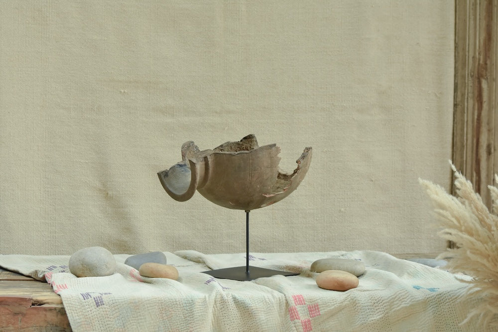 Ekaurr Bhinn abstract wooden vessel sculpture made from an aged reclaimed kitchen vessel mounted on a slender iron stand, soulful one-of-a-kind artisan home decor piece