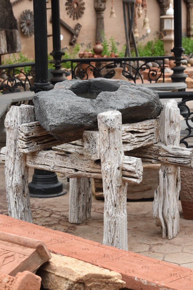 Ekaurr Bhoomi Sculpture pairing of hand-chiselled grey stone with whitewashed reclaimed wood pedestal, minimalist sacred altar piece for diya, idol or meditative display